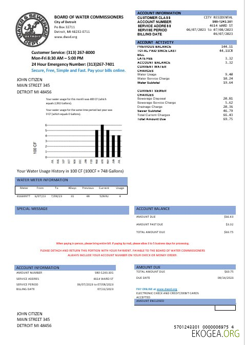 United States Board of water commissioners water utility bill in Word and PDF formats